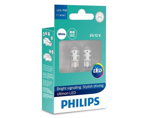 Лампа світлодіодна Ultinon white LED W5W 0.6W, 12V, w2.1x9.5d, 4000K (компл. 2шт) PHILIPS 11961ULW4X2